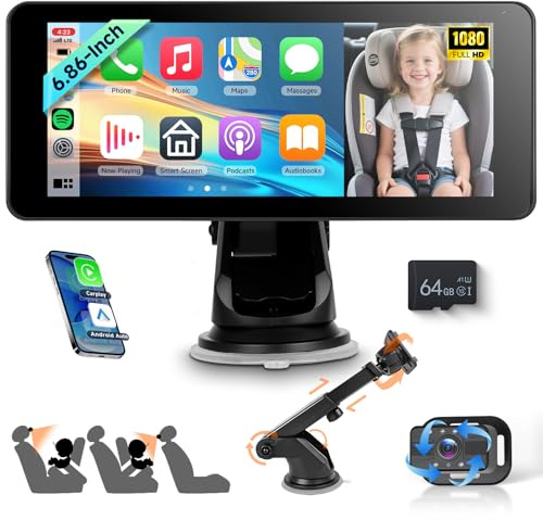 VECHTEL Camera Voiture pour bébé pour 2 enfants avec écran partagé de 6,86 pouces HD 720P, vision nocturne rotative à 360°, support à ventouse, installation rapide