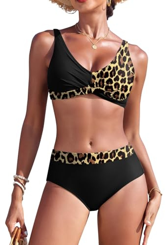 Svanco Costume Donna Due Pezzi Bikini Vita Alta, V-Apertura con Croce e Design Color Block, Costumi Bagno Curvy per Mare e Piscina