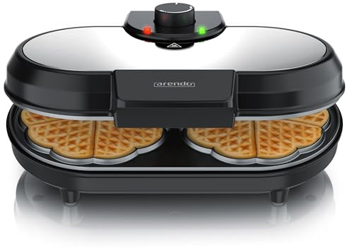 Arendo - Waffeleisen doppelt - Herzform – 1000 Watt – Waffel Maker – antihaftbeschichtet – Herzwaffeln – Temperaturregler - Waffelbackgerät