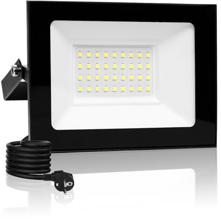Bellanny LED Strahler Außen 30W, 3000LM 6500K Kaltweiß Scheinwerfer Fluter Flutlicht | IP66 Wasserdicht Wandstrahler Baustrahler mit Stecker & 3m Kabel, Aussenlampe für Garten Garage Hof Werkstatt