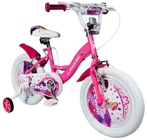 BERLIN BIKE Kinderfahrrad 16 Zoll mit Stützrädern, V Brake Bremsen und Klingel, Kinder Fahrrad für Mädchen 4 bis 7 Jahre, mit Schutzblech vorne und hinten