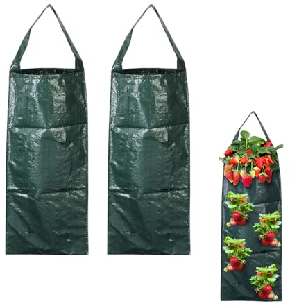KLINNA 2 Stück Erdbeer Pflanzsack, Pflanztaschen hängend für Balkon & Garten, Erdbeerampel mit 8 Löchern, Vertikaler Garten für Erdbeeren Gemüse Kräuter, Hängend Pflanztaschen für Draußen
