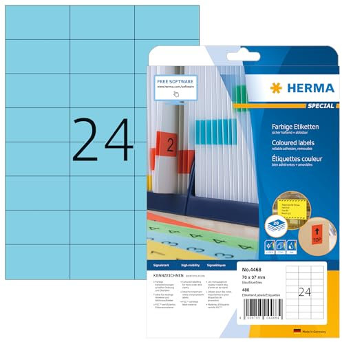 HERMA 4468 Farbige Etiketten blau ablösbar, 20 Blatt, 70 x 37 mm, 24 pro A4 Bogen, 480 Stück, selbstklebend, bedruckbar, matt, blanko Papier Farbetiketten Aufkleber