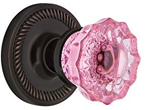 Nostalgic Warehouse 724983 Rope Rosette Privacy Crystal Pink Glass Door Knob in Timeless Bronze, 2.75