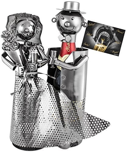 BRUBAKER Flaschenhalter für Sekt oder Champagner - Hochzeitspaar Metall Skulptur mit Geschenkkarte