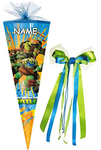 alles-meine.de GmbH Schultüte - Teenage Mutant - Hero Ninja Turtles - 50 cm - rund - incl. Name und große 3-D Effekt Schleife - mit Tüllabschluß - Zuckertüte - mit/ohne K..