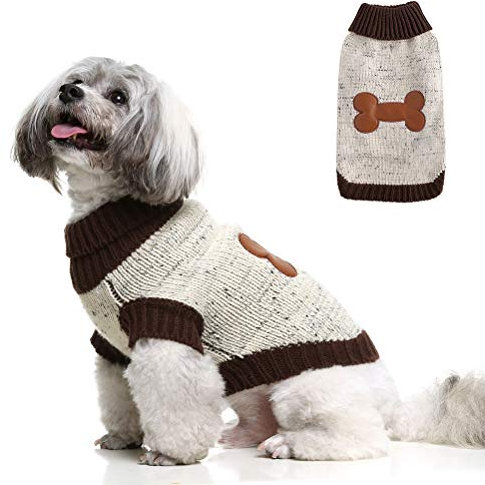 BINGPET Rollkragenpullover für Hunde, Knochenmuster, für den Winter, warm, für kleine und mittelgroße Hunde, Braun