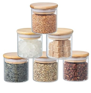 ORNAMI Small Glass Food Jar with Natural Bamboo Lid and Silicone Ring for Airtight Sealing, Little Clear Canister Jar for Kitchen Storage, for Grains, Seeds, Salt, Pepper, Spices - Set of 6 (150ml)
