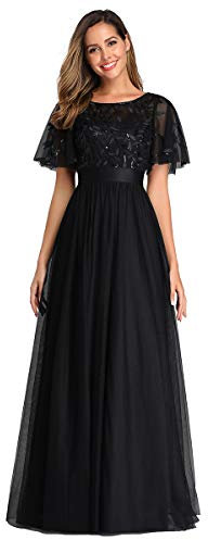 Ever-Pretty Women's Short Sleeve Embroidery Empire Waist A Line Floor Length Elegant Long Mother of The Bride Dresses Black 22UK