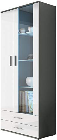 Furniture24 Vitrine mit Blauer LED Beleuchtung SOHO S6 Vitrinenschrank Standvitrine Stauraumvitrine Glasvitrine Schrank Wohnzimmerschrank (Grau/Weiß Hochglanz)