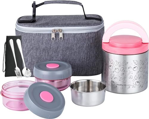 Lille Home Lunch Box Set 1065ml, una caja bento/bocadillo aislada de vacío que mantiene la comida caliente, con 2 recipientes de alimentos sin BPA, bolsa de almuerzo, juego de cubiertos