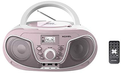 Roxel RCD-S70BT Boombox portatile lettore CD con telecomando, radio FM, riproduzione MP3 USB, ingresso AUX da 3,5 mm, jack per cuffie, display a LED, streaming musicale wireless (rosa)