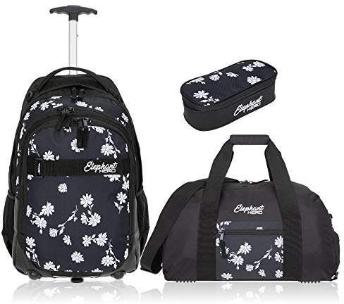 3 Teile Set Trolley Elephant Hero Signature Schultrolley Schulranzen Trolly Sporttasche Mäppchen 12800 (Black Flower (Schwarz/Blume))