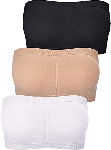 Geyoga 3 Pcs Bandeau Bras Women Stretch Strapless Bralettes Non Padded Stretch Top Tube Bras for Women Girls (White, Black, Nude Color,M)