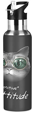 Vnurnrn Bébé Chaton Mignon Chat Bouteille d'eau Isotherme avec Paille en Acier Inoxydable Gourde 600ML, Sans Bpa Gourdes Eau pour Enfant Sport Randonnée École Bureau
