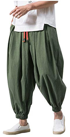 IQYU Men's Harem Trousers Simplicity Aladdin Trousers – Chinese Retro Style Wide Legs Yoga Trousers Pilates Martial Arts Kung Fu Tai Chi Thai Leisure Knickerbocker Worn Out Training Trousers