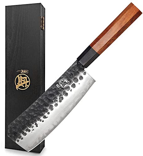 MITSUMOTO SAKARI Coltelli da Cucina Professionali Forgiata Mano, Giapponese Coltello Cucina Acciaio ad Alto Carbonio, 19 cm Coltelli da Cucina (Manico in Palissandro & Scatola di legno Boutique)