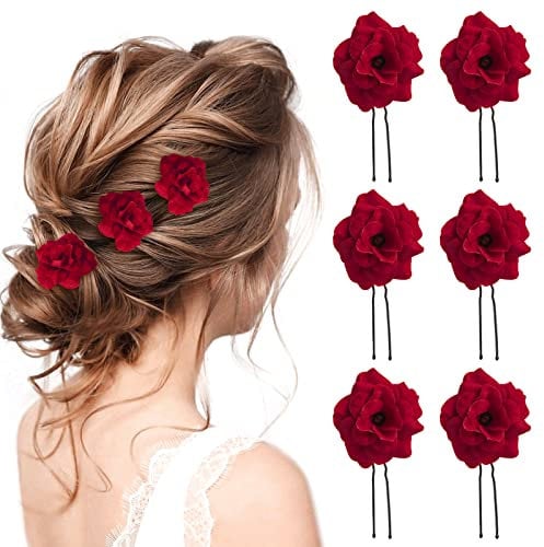 PROUSKY 6 Pieces Red Rose Flower Hair Clips U Shape Rose Floral Bobby Pins Bridal Hair Pin Wedding Bridesmaids Head Hairpin Women and Girls Hair Accessories for Party Wedding Handmade Bridal Accessory
