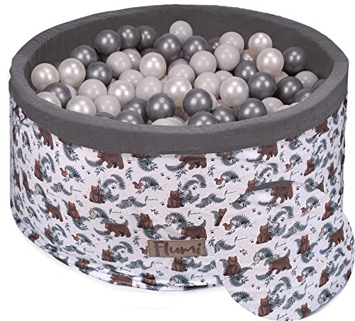 Flumi Personalisierte Bällebad Baby ab 1 Jahr - Bällepool Kinder 90x40cm mit 200 Bällebad Bälle ∅ 7cm in EU hergestellt - Oeko-TEX und CE-Zertifiziert - (Weiß/Bären)