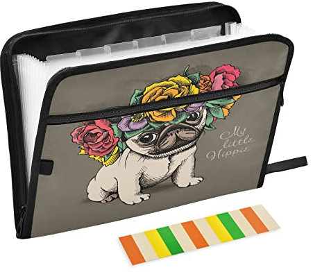 Mnsruu Hippie Mops Welpe im Blumenkopf Kranz 13 Taschen Fächermappe mit Etiketten, Akkordeon-Aktenordner Aktenordner Brief A4 Papier für Büro Schule Student