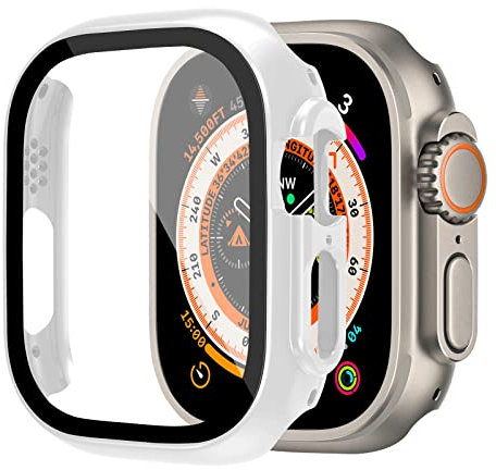 Custodia Compatibile con Apple Watch Ultra/Ultra 2 49mm Cover con Vetro Temperato Pellicola Protettiva,Hard PC Anti-caduta Custodia Protettiva Ultrasottile per iWatch Ultra 2/Ultra 49mm,Bianco