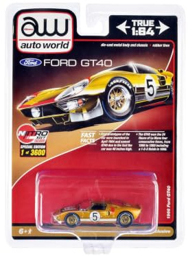 1966 Ford GT40 RHD (Rechtslenker) #5 Gold mit Grafik Limited Edition auf 3600 Stück weltweit 1/64 Druckguss Modellauto von Auto World