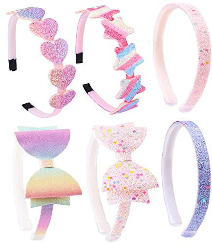 Lizioo 6 Pack Girls Headbands Glitter Kids Hair Accessories Bow/Heart/Star Shaped Sweet Hairband For Toddler/Girls/Teens