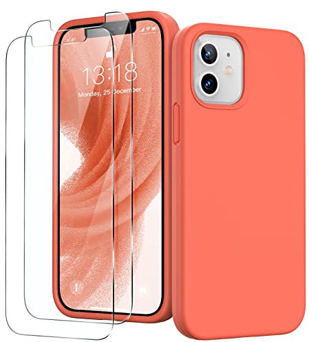 GOODVISH 3 in 1 für iPhone 12 Mini Hülle mit 2 Stück Schutzfolie, Liquid Silikon Rundumschutz Handyhülle, mit Weichem Mikrofaser Innenfutter Stoßfestes Schutzhülle iPhone 12 Mini, Orange