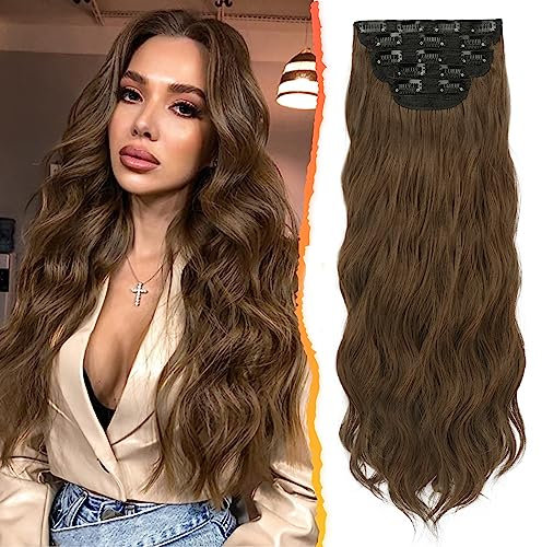 BARSDAR Clip in Extensions, 5 PCS Lange Wellige Clip in Haarverlängerungen Dickes Natürliches Weiches Synthetisches Haarteil Für Frauen Mädchen -50 cm, Goldenes Kastanienbraun