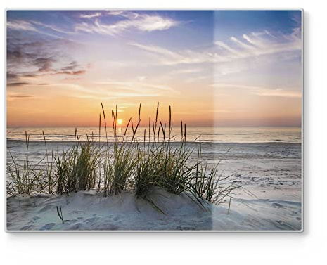 DEQORI Schneidebrett aus Glas | groß 40x30 cm | Motiv Sonnenuntergang am Strand | Design Schneideplatte für Küche | Frühstücksbrett antibakteriell & rutschfest | Glasplatte & Servierplatte