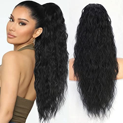 Ponytail Extension mit Kordelzug Haarteil Schwarz Pferdeschwanz Lang Locken Haarverlängerunge für Frauen Kunsthaar Tägliche Anwendung zopf 65cm 1B#067A