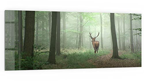 DEQORI Küchenrückwand Glas | Motiv Hirsch zwischen Bäumen | 125x50 cm | Bad- oder Herd-Rückwand | Herdblende Spritzschutz für Küche & Badezimmer | moderne Deko für Fliesenspiegel