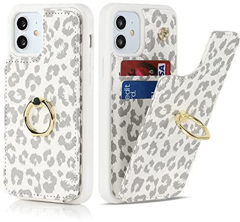 Cavor Phone Case compatible with iPhone 12/12 Pro Case With Card Holder,Flip Folio Leather Wallet Case,Ring Kickstand Shockproof Cover Case compatible with iPhone 12/12 Pro - White Leopard