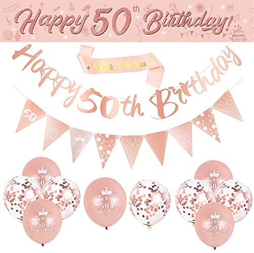 DEARLIVES 14 Pieces 50th Happy Birthday Decorations,Rose Gold Party Supplies Including Banners Straps Triangle Flag Bunting Confetti Latex Balloons (50th Birthday)