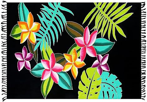 SAIVONA Pareo Sarong Strandtuch Damen-Wickelrock Strand-Handtuch Wickeltuch oder Handtuchkleid und Wickelkleid Damen-Handarbeit aus Fair Trade Herstellung Batik Blume Bunt Schwarz