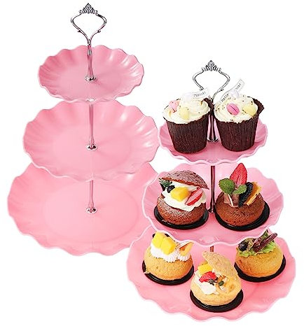 HonGien 2 Pack 3-Tier Cake Stand, Cake Display Stand,Afternoon Tea Cake Stand,Fruit Dessert Serving Tray Stands for Birthday,Party,Wedding (Wave Pattern Black Pinkish White)