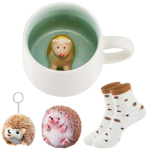 Nuenen 4 Pcs Hedgehog Gifts Graduation Gifts for Her Include 1 Hedgehog Ceramic Coffee Mug with Handle 1 Fidget Stress Relief Pinch Toy 1 Keychain Pendant 1 Sock for Birthday Mum Bridesmaid Gift