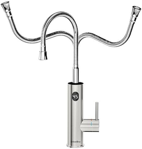 Rubinetto Elettrico Istantaneo 3200W, 220V Rubinetto Scalda Acqua Elettrica, Rubinetto Acqua Calda Miscelatore Elettrico per Cucina con Temperatura Display LED e Tubo Flessibile (Argento)