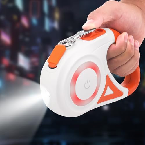 MoYouno 5 m Einziehbare Hundeleine, Strapazierfähig, Automatisch Ausziehbar, Für Kleine, Mittelgroße und Große Hunderassen bis zu 5 m 30 kg, Ausziehbare Hundeleine mit LED-Lichtern (Orange)