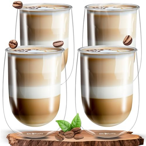 ElbFuchs® Juego de vasos Latte Macchiato (4x 350ml) térmicos de cristal con pared doble | Ideales para capuchino, café o té