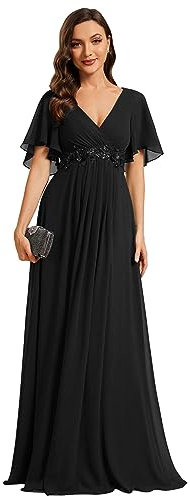 Ever-Pretty Women's Chiffon V Neck Short Sleeves Appliques Prom Evening Dresses Black 14UK