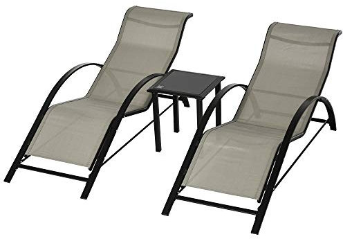 Outsunny Gartenliege Set Metall Mesh 3-TLG. Sonnenliege mit Teetisch Gartengarnitur mit 2 Sonnenliegen, 1 Beistelltisch Gartensitzgruppe für Garten, Balkon 59B x 169T x 66H cm Grau+Schwarz