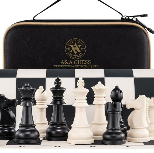 A&A Travel Chess Set / 15''x15'' Foldable Silicone Chess Board / 3.25'' King Height Plastic Staunton Pieces/Storage Bag