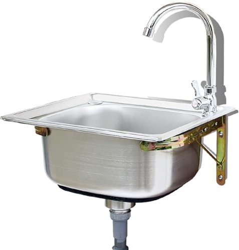 Edelstahl Waschbecken Wandmontage Spüle Mit Kaltwasserhahn, Spülbecken Rechteckig Haushalts Ausgussbecken für Küche Badezimmer Waschküche Garage (45 * 39cm)