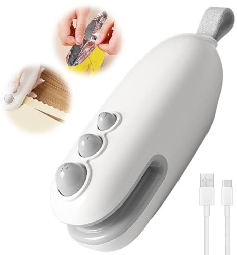 Mini Handleld Chipsbeutelschweißgerät, 2024 Neuest bag sealer mini, 2in1 Versiegelung und Schneiden tragbares folienschweißgerät, mini sealer für Lebensmittellagerung (Weiß)