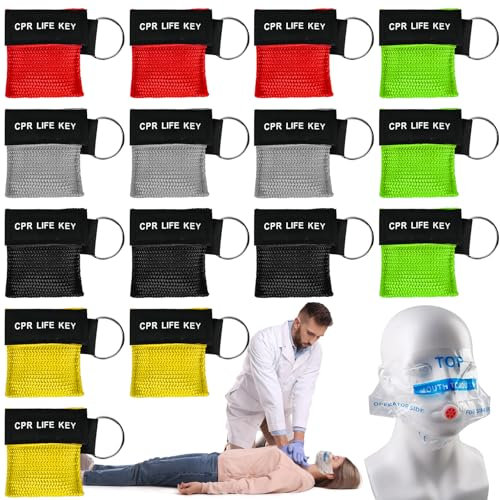 15 Stück Beatmungsmaske Erste Hilfe, Beatmungsmaske Schlüsselanhänger 5 x 5,5 cm Beatmungstuch Schlüsselanhänger Maske Face Shield Beatmungsbeutel für Erwachsene und Kinder, Schutz für Den Notfall