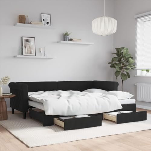 OHOOWOO Tagesbett Ausziehbar mit Schubladen Schwarz 80x200 cm Samt,Ausziehbares Tagesbett 2in1 Schlafsofa aus Samt mit Bettkasten