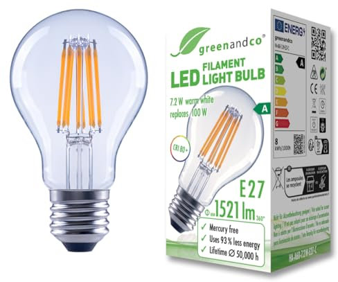 greenandco Glühfaden LED Lampe | klar | E27 A60 | 7,2W 1521lm | ersetzt 100W | 3000K warmweiß | 320° | 230V | flimmerfrei | Energieeffizienzklasse A | nicht dimmbar