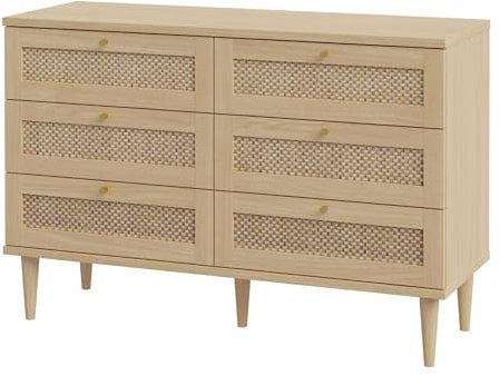 FORTE CALASETTA Kommode 120, Kommode im Boho-Stil mit Wiener Geflecht, Sideboard mit 6 Schubladen, Holzdekor: Elegancia Eiche/Technorattan, 120 cm breit x 80 cm hoch x 41 cm tief