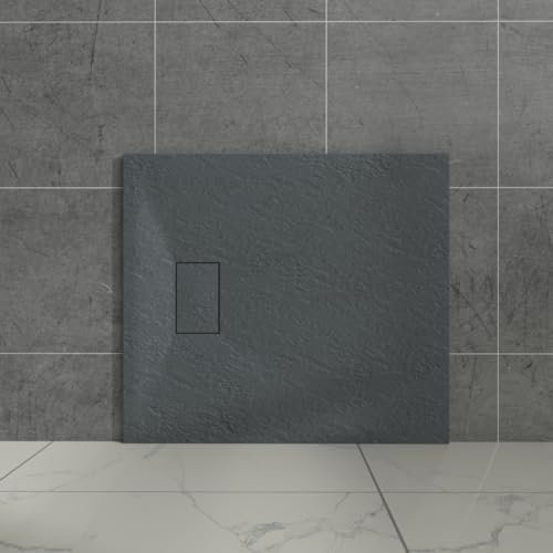 Aquariss Anthracite Rectangular Shower Tray Slate Effect SMC Slip-Resistant Shower Base for Bathroom Enclosures 900x800mm with Waste